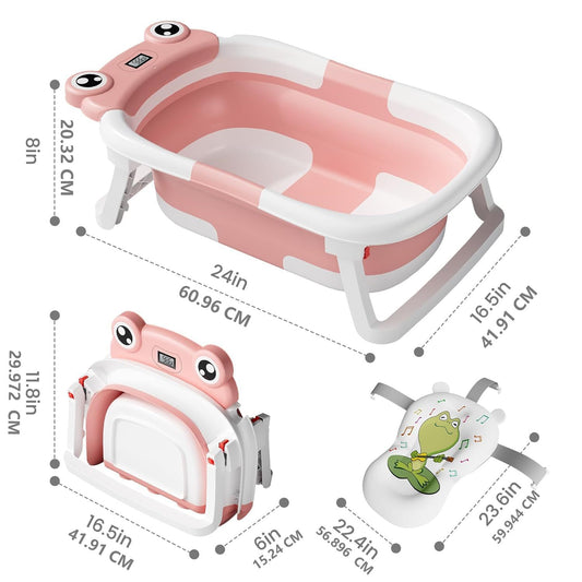 Foldable Baby Bathtub with Floating Cushion & Thermometer, PINK