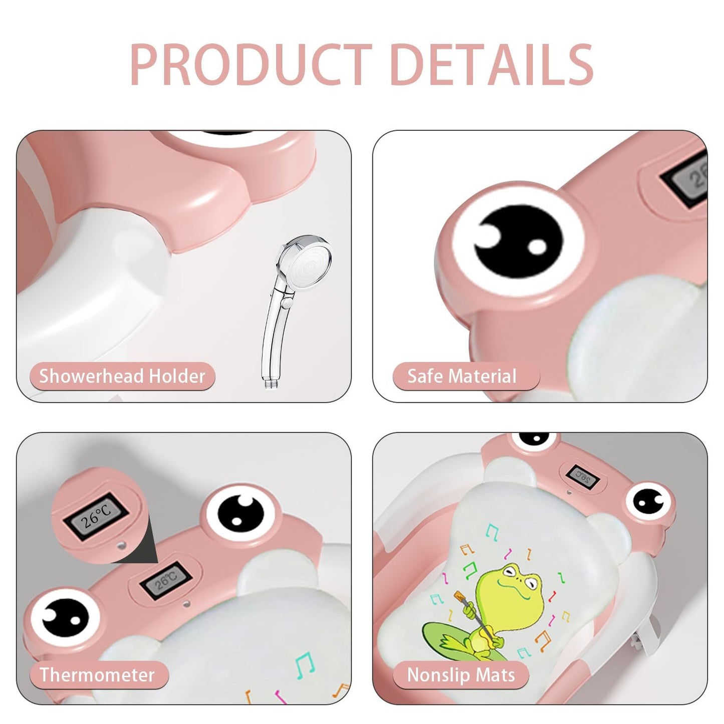 Foldable Baby Bathtub with Floating Cushion & Thermometer, PINK