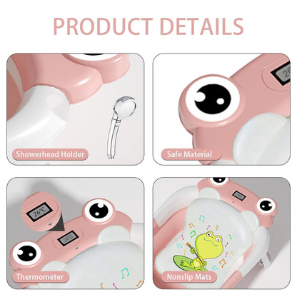 Foldable Baby Bathtub with Floating Cushion & Thermometer, PINK