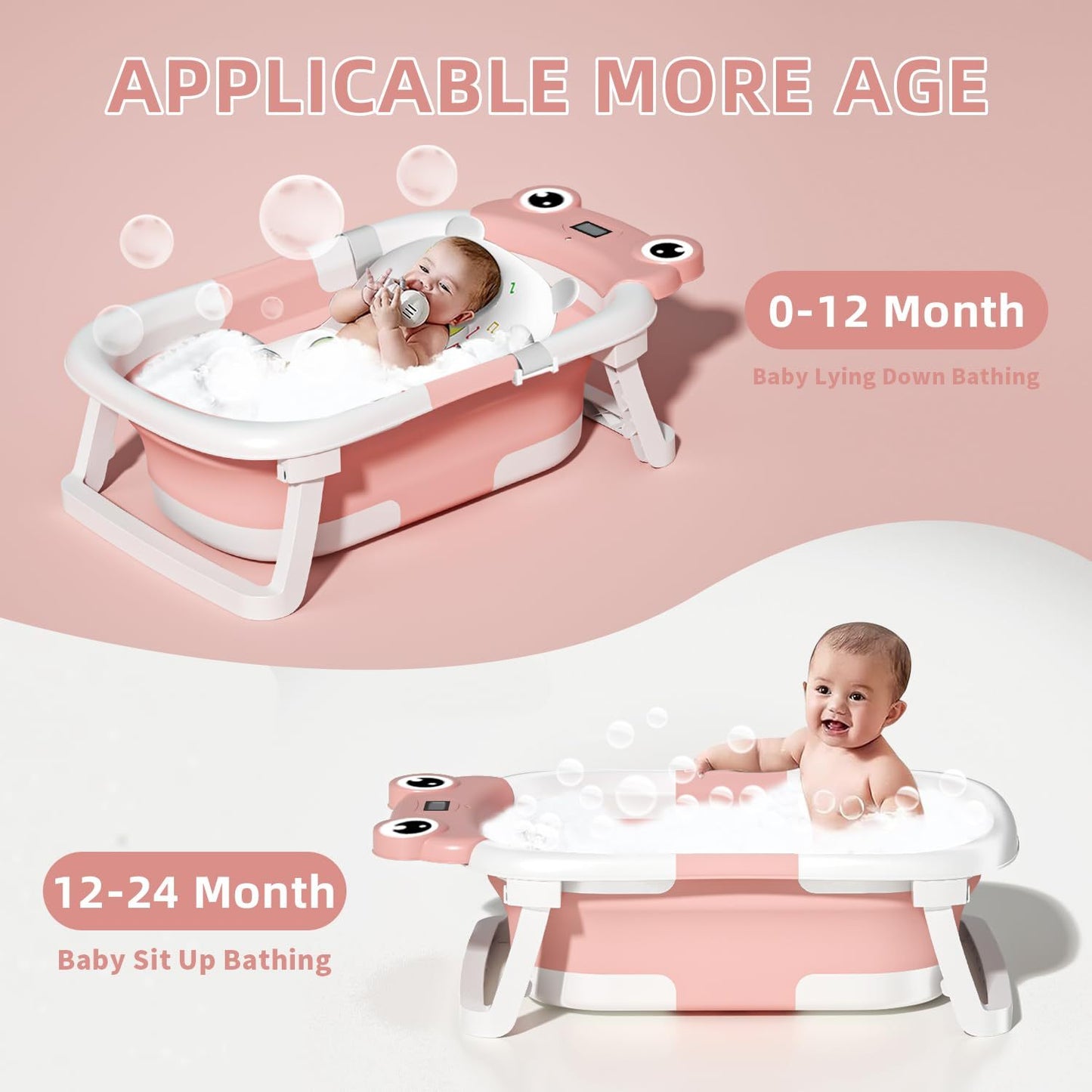 Foldable Baby Bathtub with Floating Cushion & Thermometer, PINK